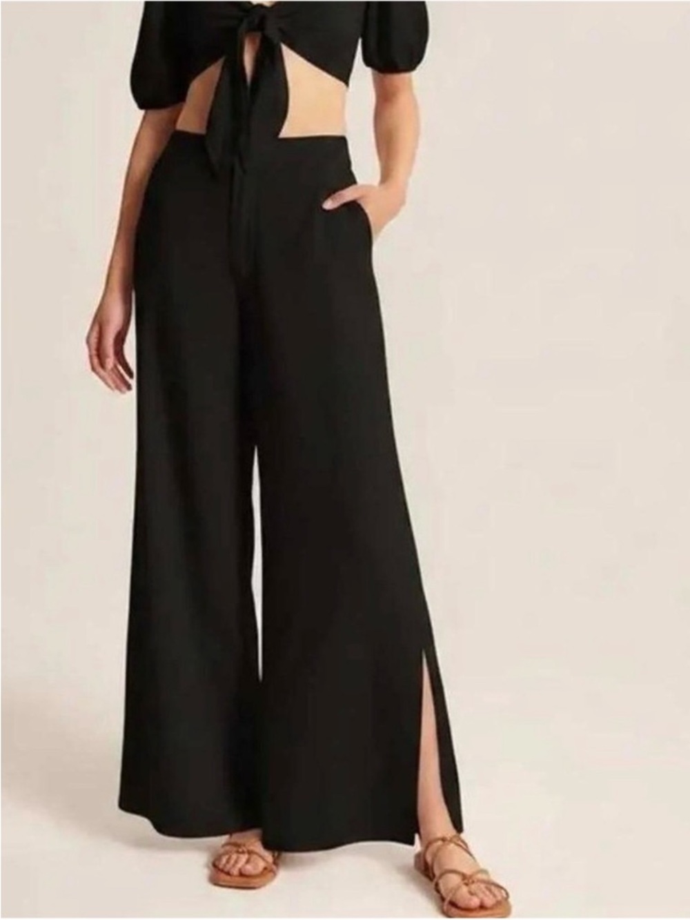 Abercrombie linen blend Black Wide leg side slit pants